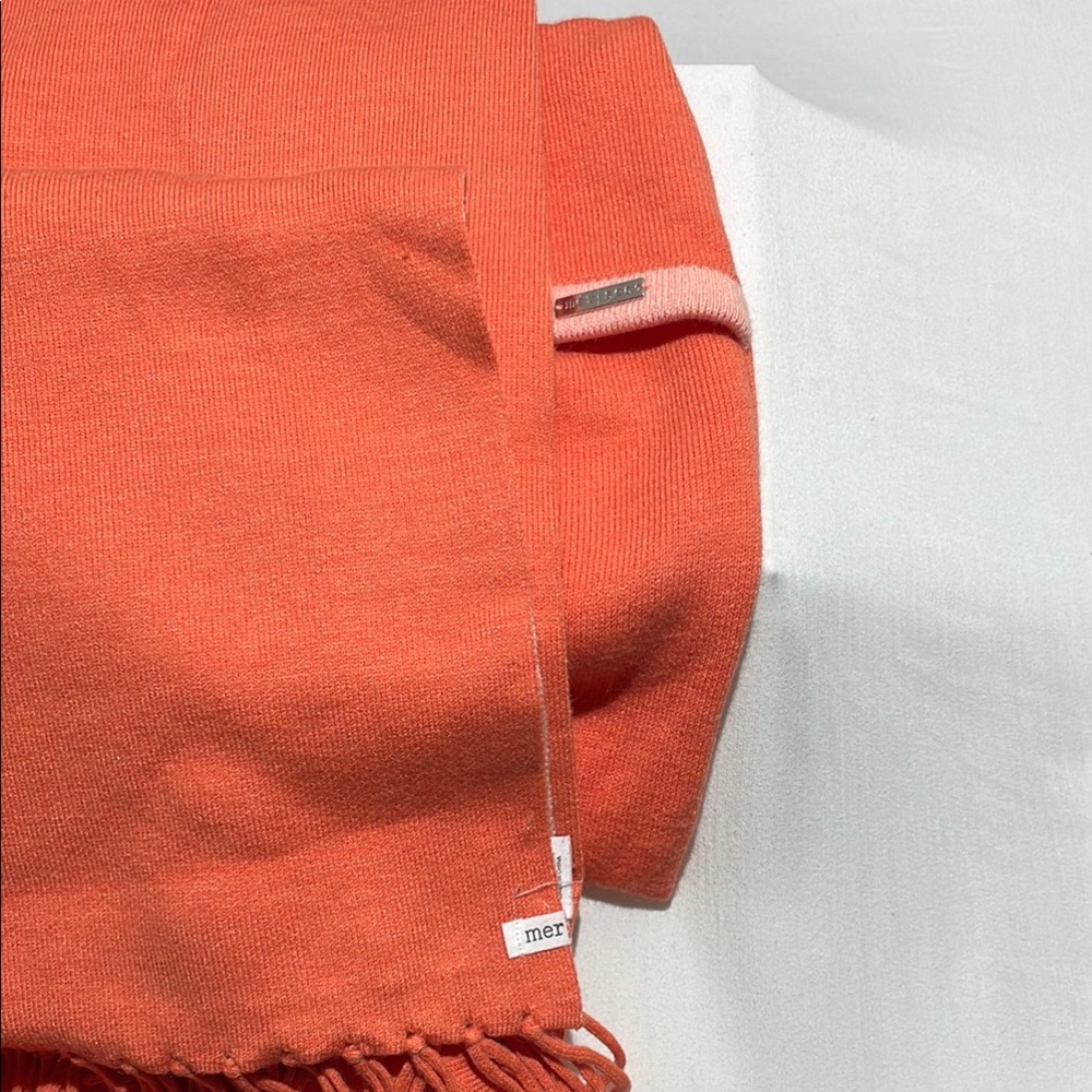 Mer Sea Wrap with sleeves. Soft coral and orange with fringe. With travel bag.